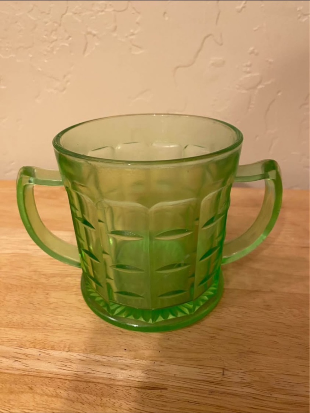 vintage green depression glass open sugar bowl produced by Hazel-Atlas